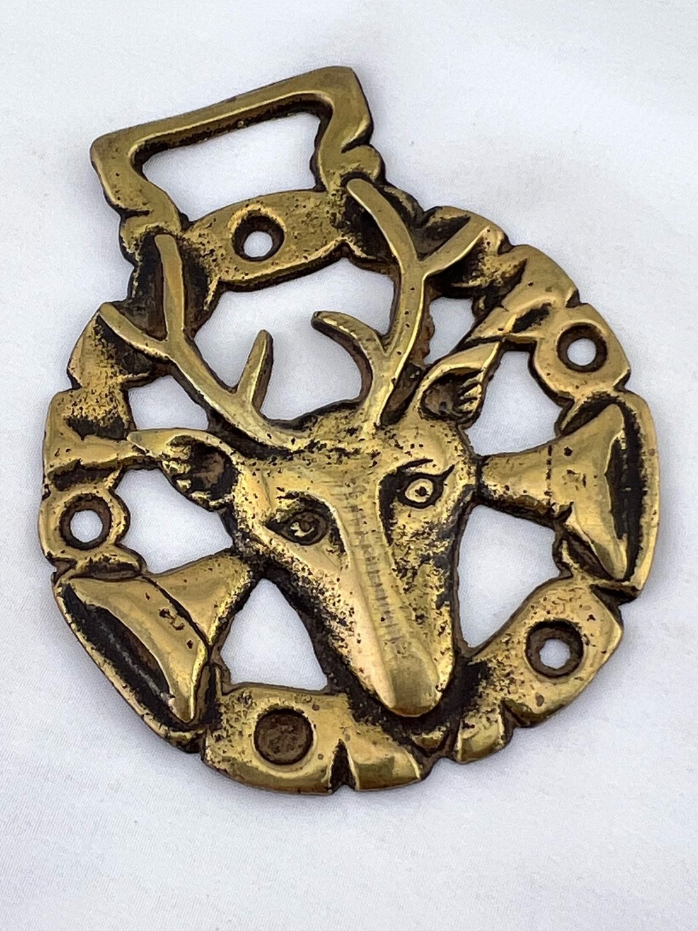 Brass Horse Medallion Vintage English Stag Deer Buck Hunt Horn Parade Harness